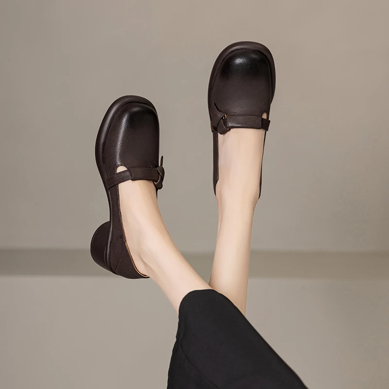 棕色复古英伦风粗跟厚底单鞋女2024秋新款真皮圆头百搭中跟乐福鞋