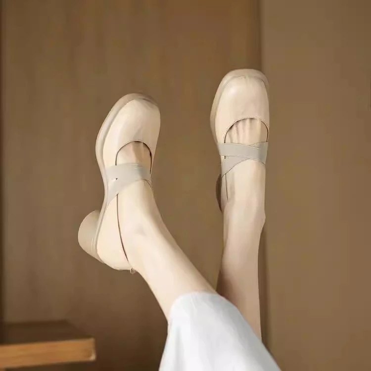 2025春新款羊皮复古高跟鞋厚底粗跟百搭舒适浅口圆头玛丽珍女软底