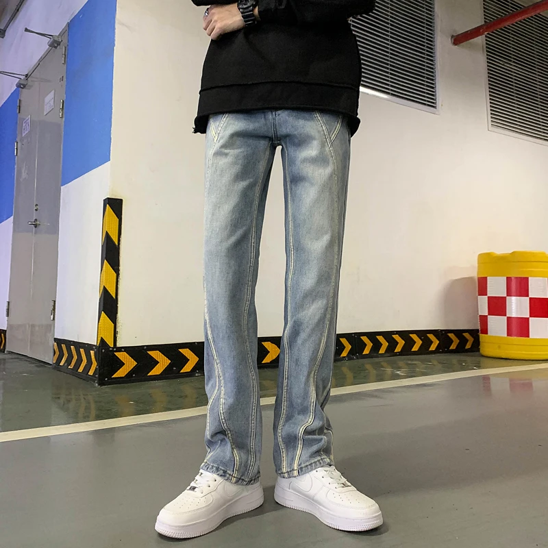 高街美式牛仔裤男款高端直筒宽松长裤潮拼接小众青年休闲水洗裤子