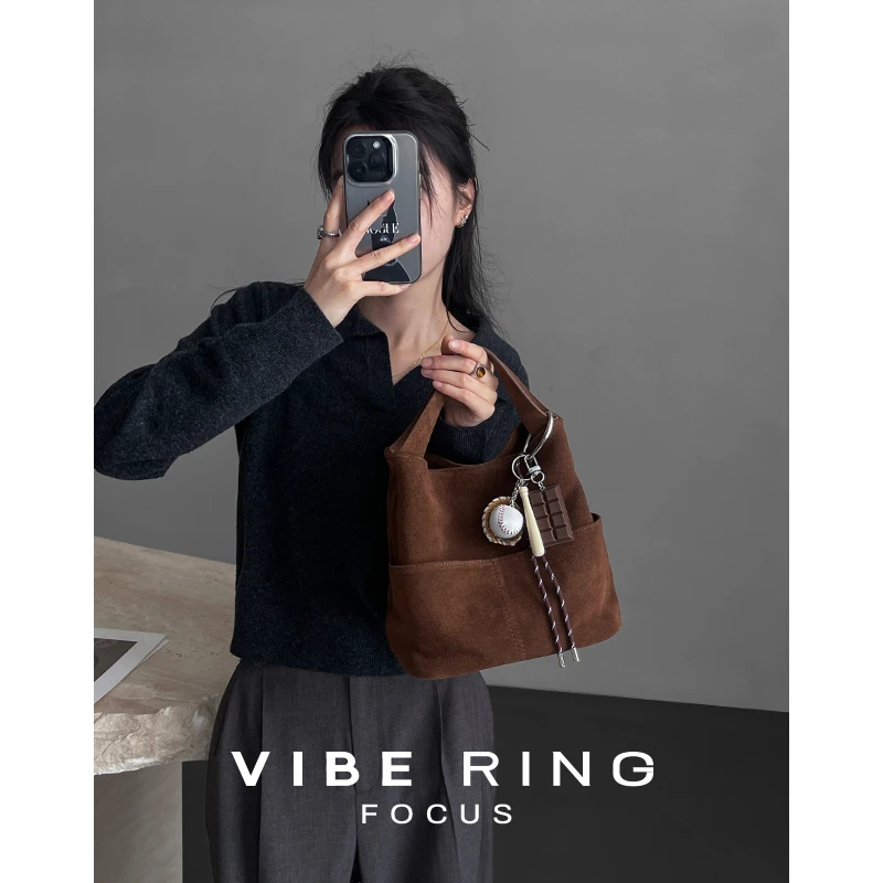 Vibe Ring慵懒风磨砂头层牛皮水桶包 秋冬新款可手提单肩斜挎包