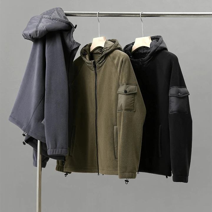 【秋冬轻奢】男士重磅加厚拼接连帽外套 户外保暖舒适抓绒休闲夹克