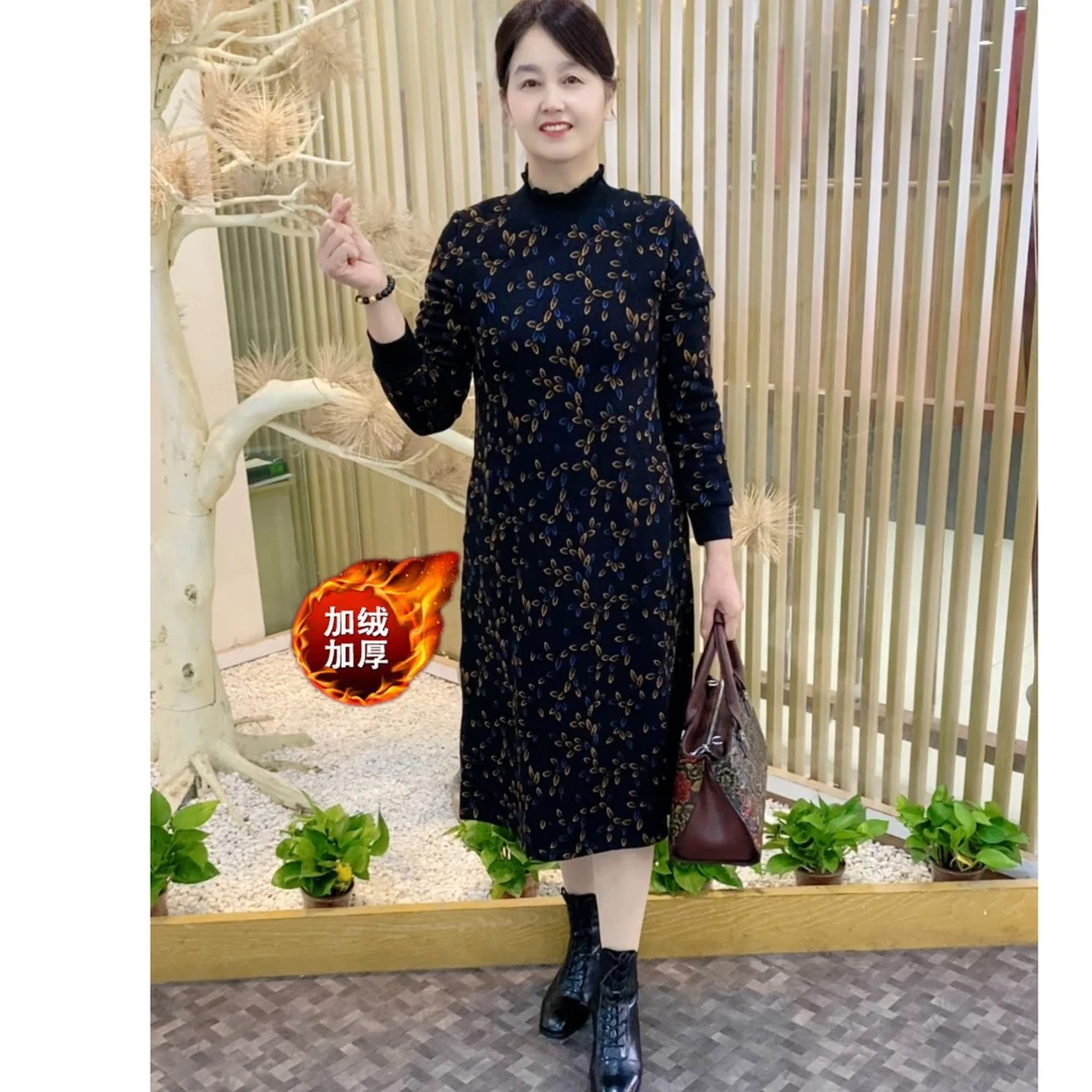 冬季新款妈妈装亲肤柔软显瘦时尚洋气中长款加绒保暖长袖连衣裙