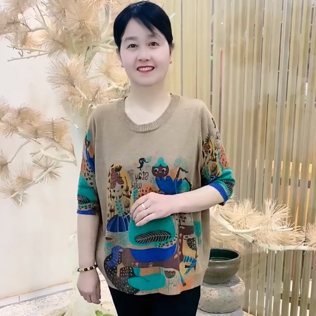 气质时尚休闲花色减龄秋款洋气妈妈装圆领中袖宽松大码印花针织衫