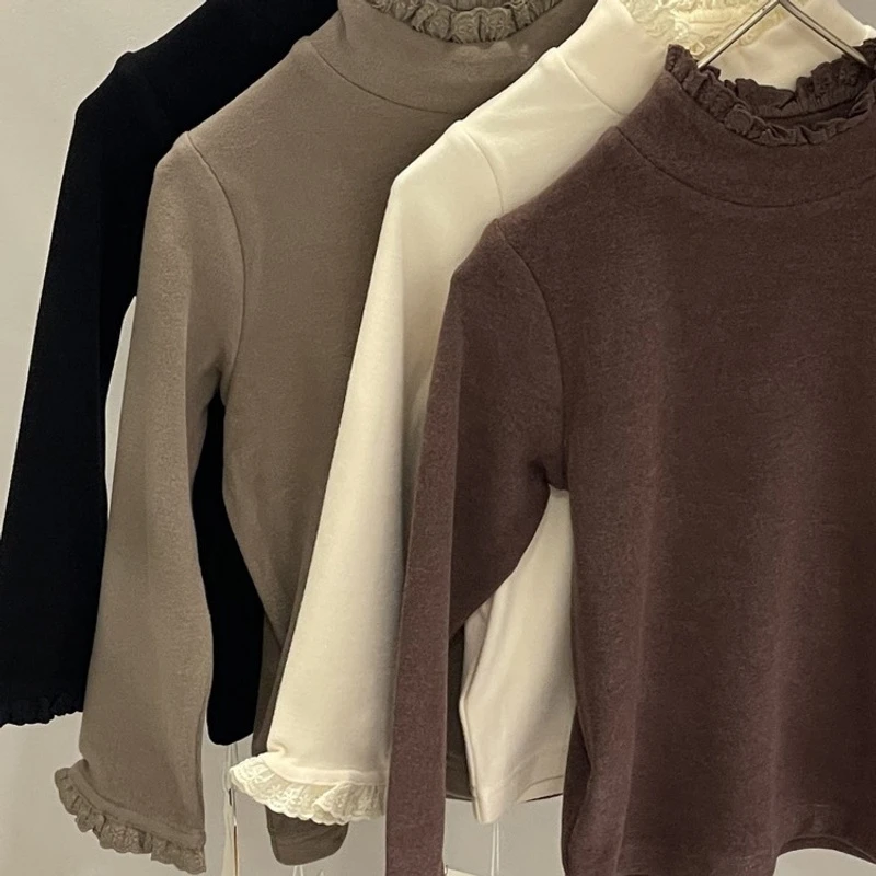 韩国童装女童打底衫25冬儿童洋气蕾丝花边内搭中大童纯色加厚上衣