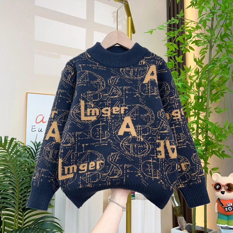 2024秋冬新款男童毛衣儿童加绒加厚打底针织衫套头上衣中大童潮