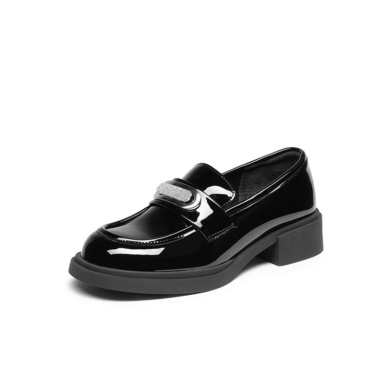 红蜻蜓黑色乐福鞋女一脚蹬女鞋厚底单鞋亮面小皮鞋WFB34009