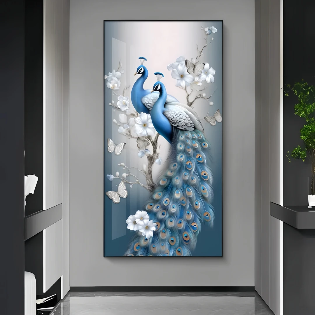 孔雀高端轻奢玄关走廊装饰画灯光画挂画加钻灯光款客厅新中式艺术