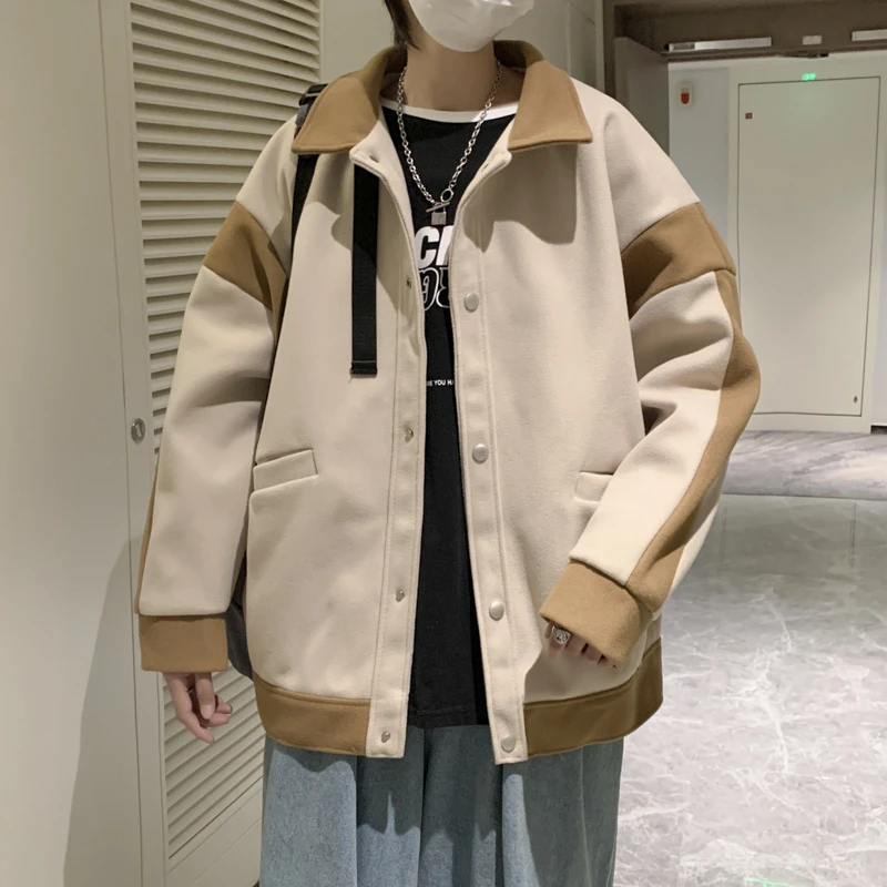 毛呢双层夹克男韩版拼色休闲潮2023春秋潮流新款上衣ins帅气外套W