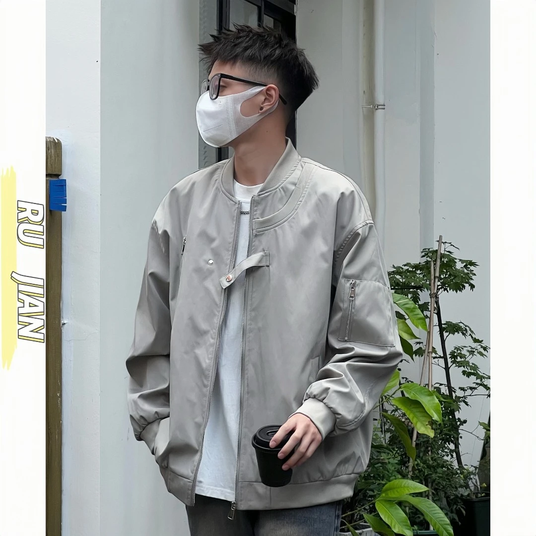 2024春款男上衣宽松百搭设计感假两件棒球服飞行夹克ins情侣外套