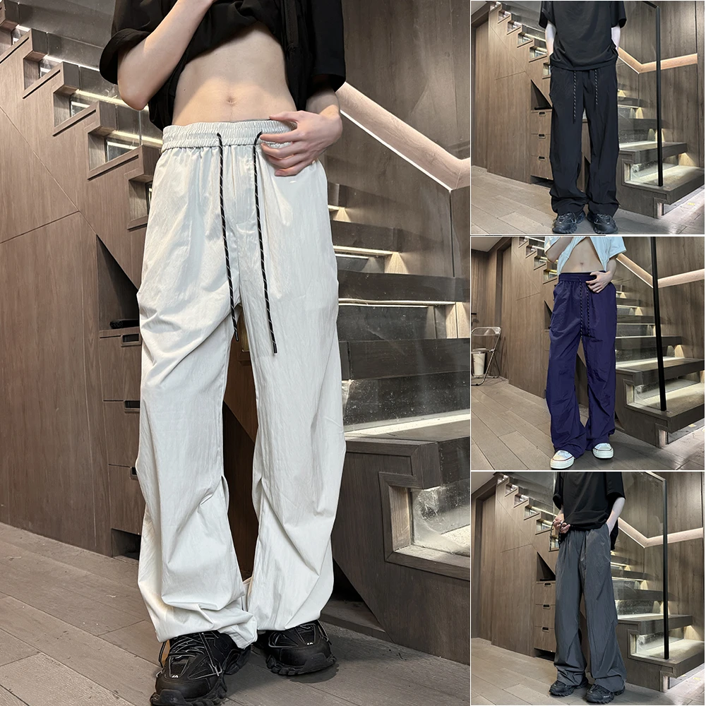 2025夏季新款男裤子ins潮流百搭松紧腰休闲裤速干冰丝裤直筒裤男