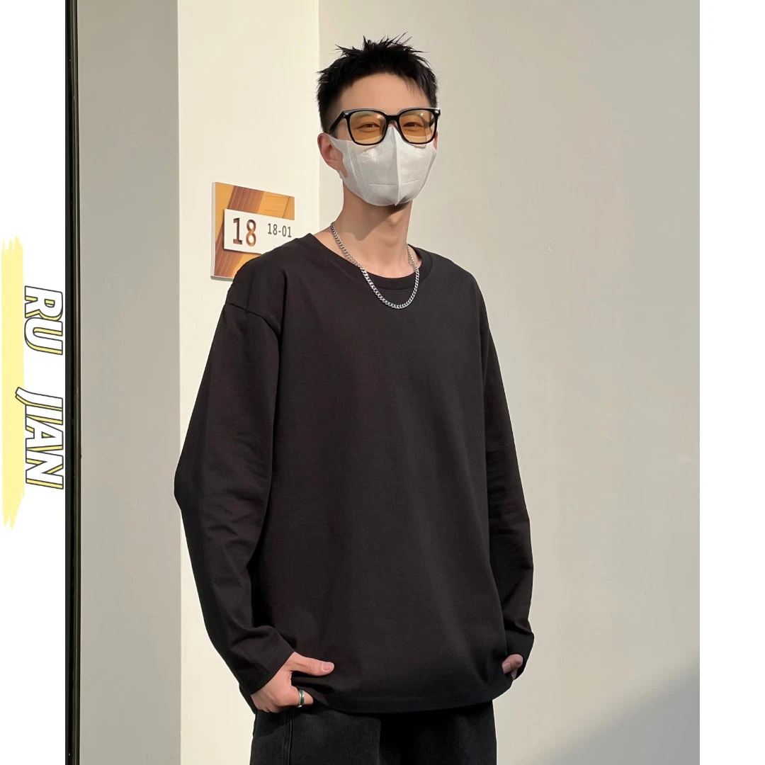 基础百搭纯棉长袖T恤男纯色宽松春秋款情侣圆领白色内搭打底衫潮