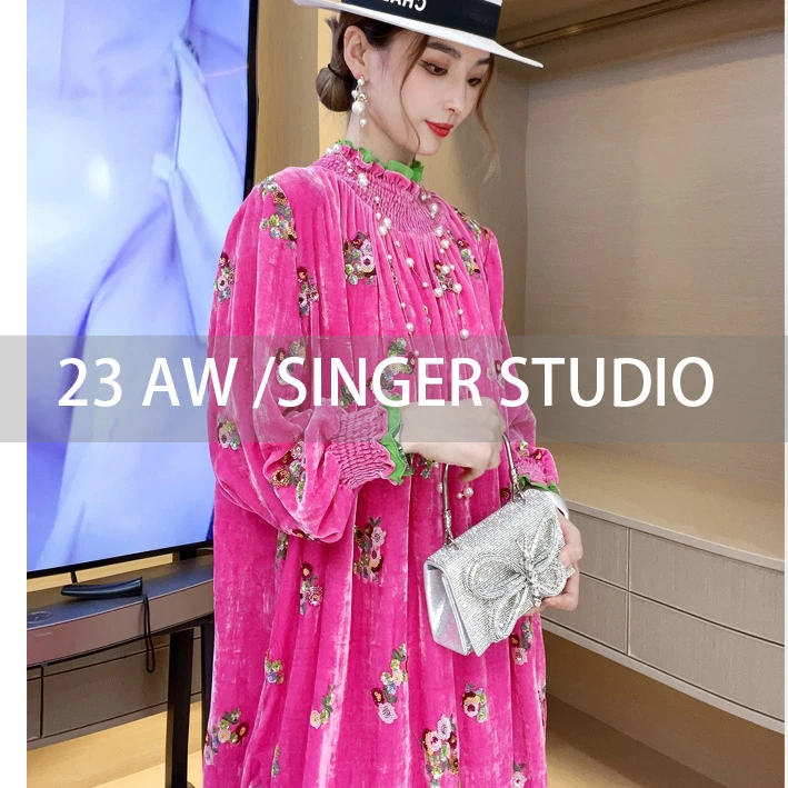 新中式国风优雅真丝丝绒气质秋冬宽松连衣裙女装连衣裙233D057