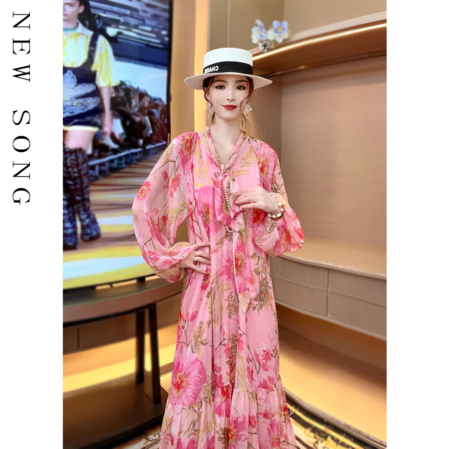 法国设计师款宽松夏季印花收腰桑蚕丝碎花气质时尚连衣裙231D056