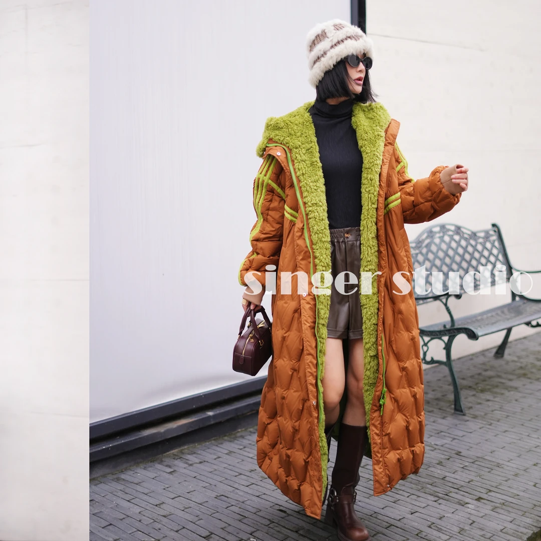 【新歌精选】冬季时尚优雅轻奢宽松长款颗粒绒拼接女羽绒服251P273