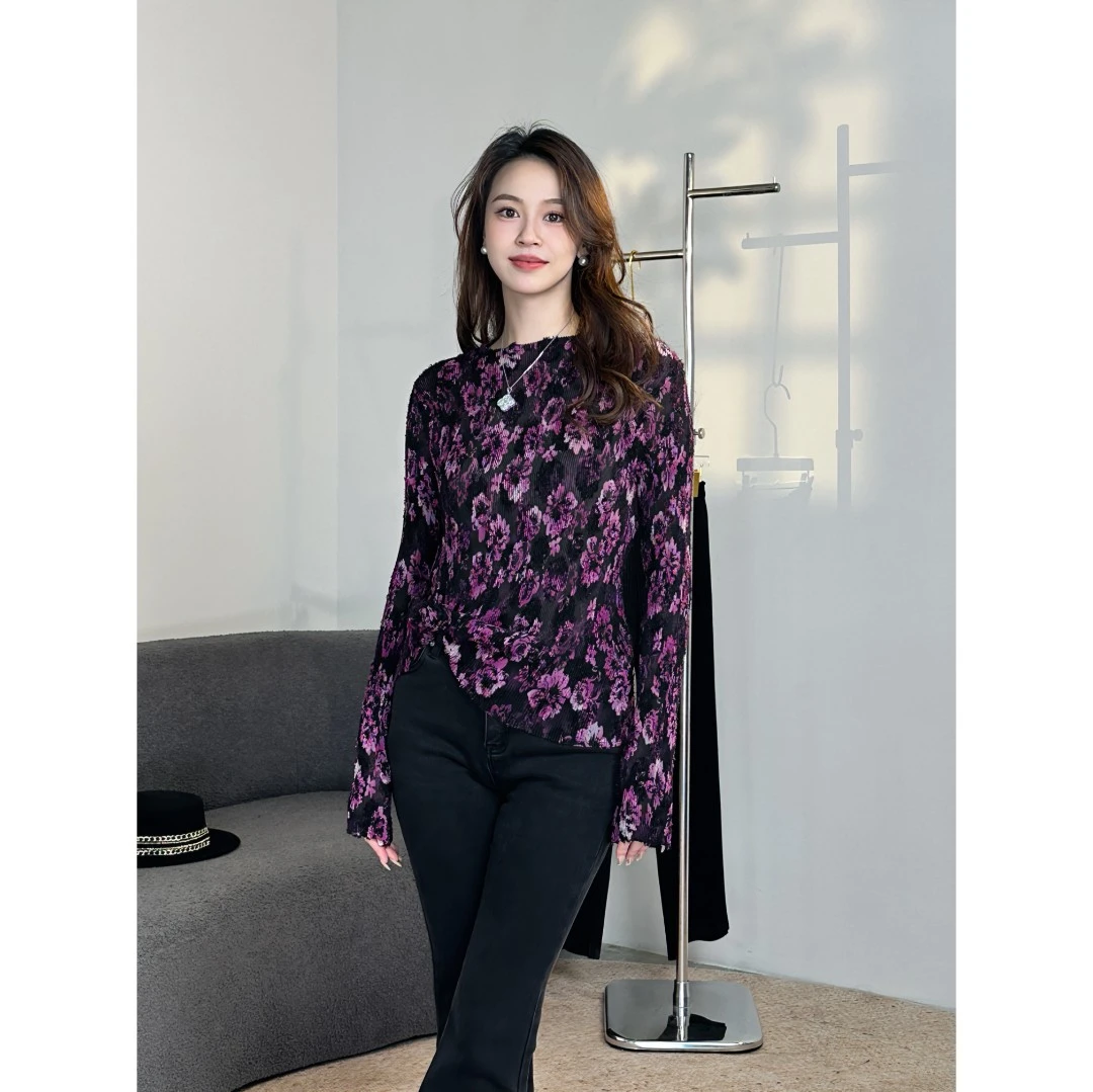 【摺之韵】2025年春季新款牙签褶烧花碎花百搭复古打底雪纺衫11895