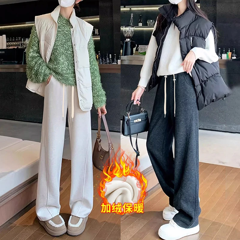 孕妇裤子2024秋冬新款加绒加厚阔腿裤窄版香蕉裤人字纹保暖直筒裤