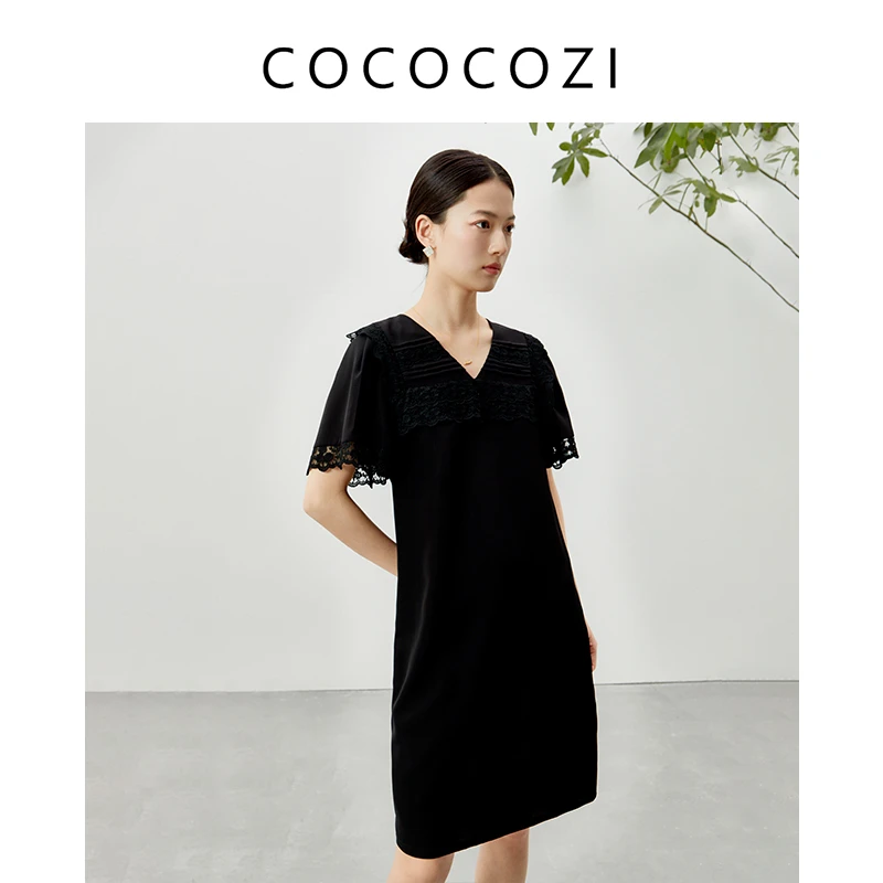 【618专属】裙子23mm弹力重绉法式v领花边短袖连衣裙232CO004