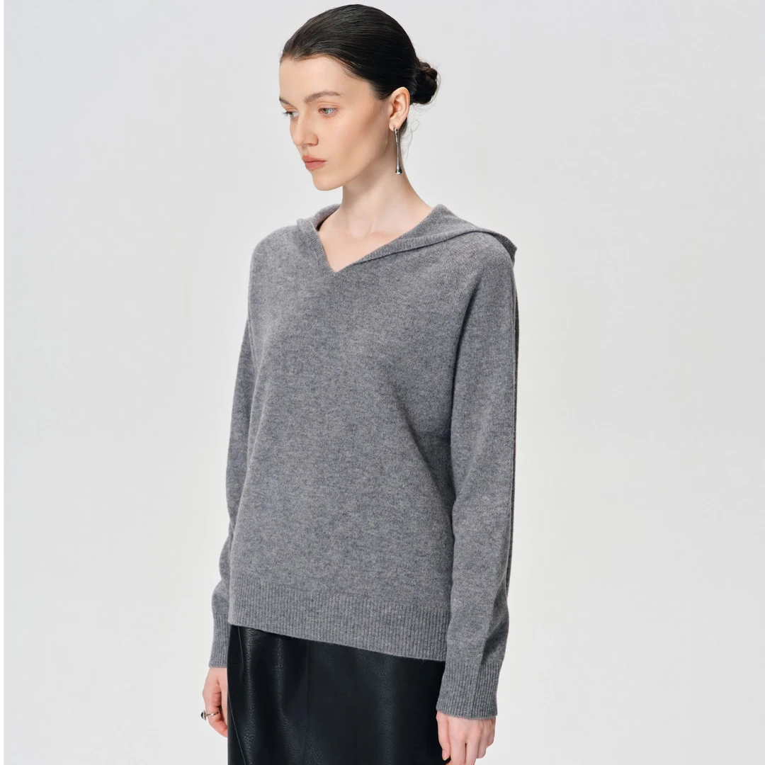 【丽公主专属】早秋V领绵羊毛无缝一体工艺通勤简约帽衫242CO543M