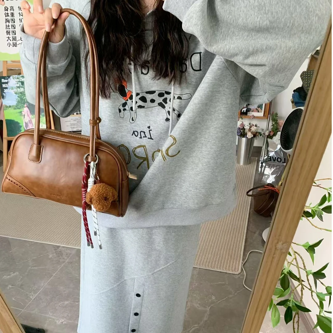 【时尚犬】灰色小狗印花卫衣套装长袖上衣半裙组合秋新款休闲Z4937