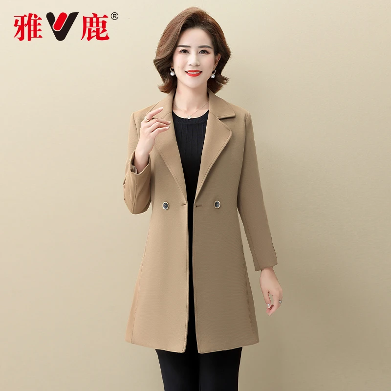 V/雅鹿妈妈春秋中长款女士气质风衣外套中老年休闲韩版翻领妈妈装
