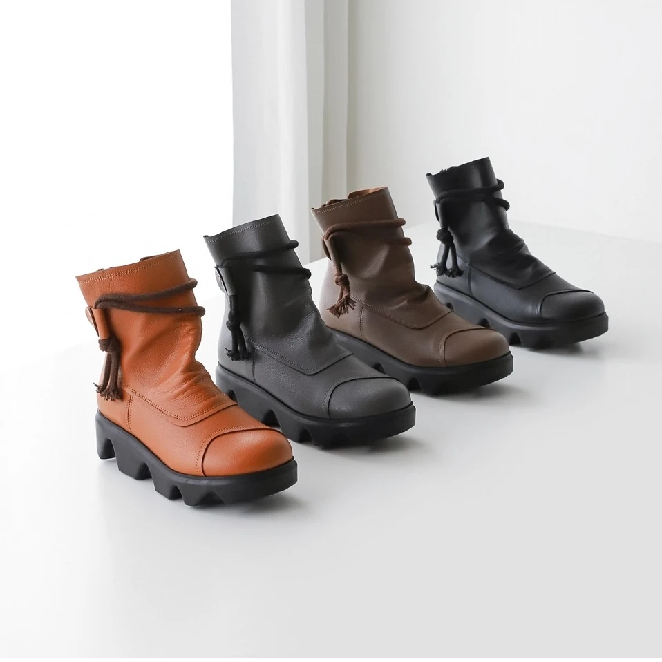 韩国女鞋24新款女靴厚底软皮靴软面舒适马丁靴