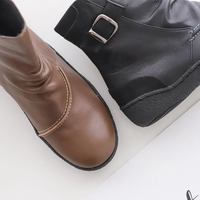 韩国女鞋24新款牛皮低跟短靴舒适软底防滑短靴