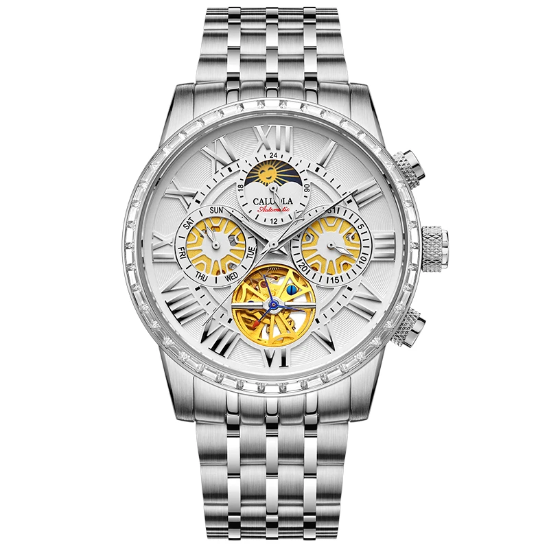 刻字送礼卡罗莱全自动机械表商务休闲防水男表多功能月相钢带腕表