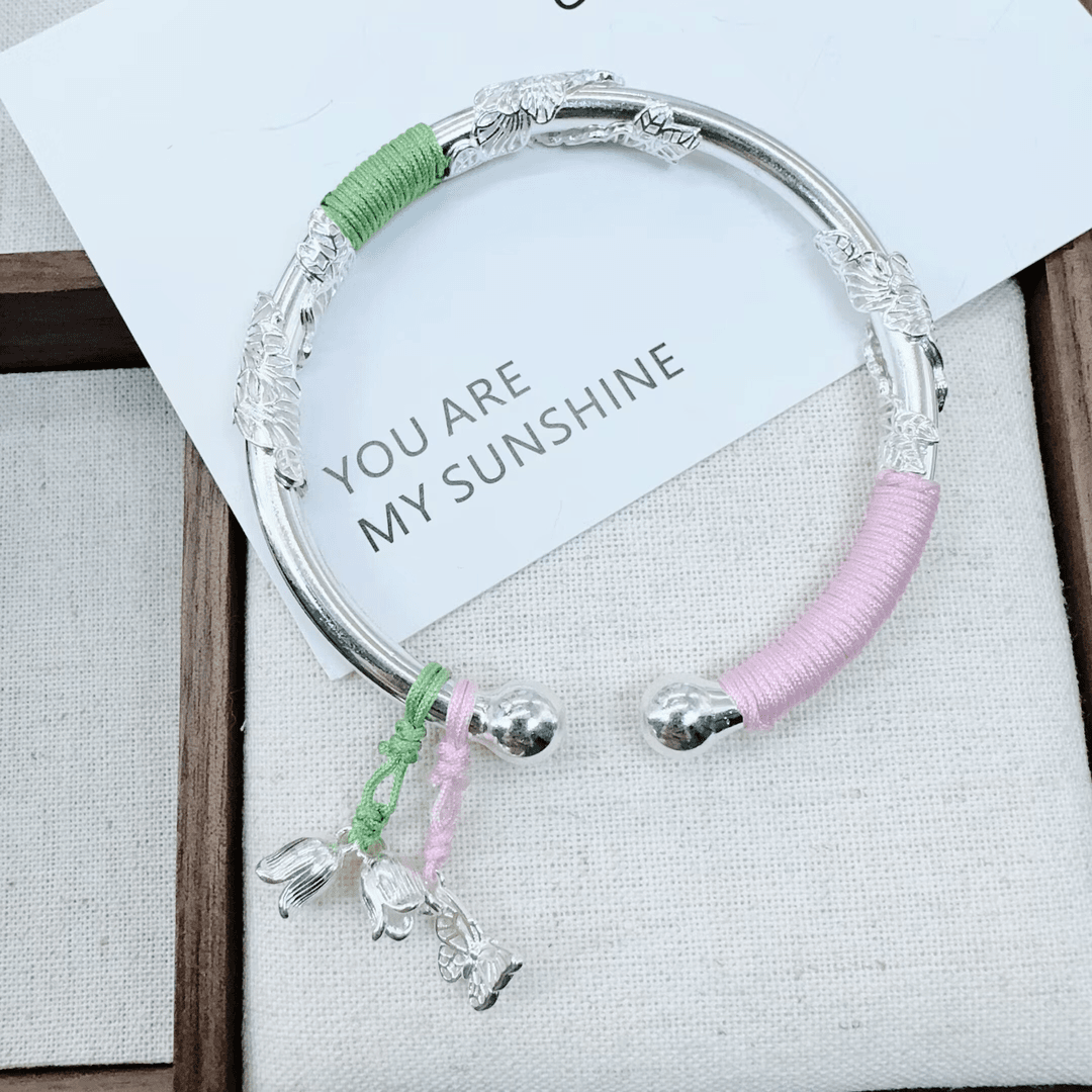 足银手镯 繁花蝴蝶铃铛 时尚气质超仙手工可调节实心开口复古风