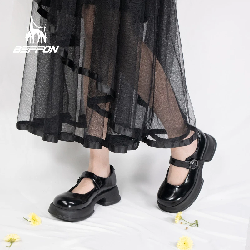 BEFFON/北风玛丽珍鞋女厚底法式复古学院风甜酷粗跟增高平底真皮