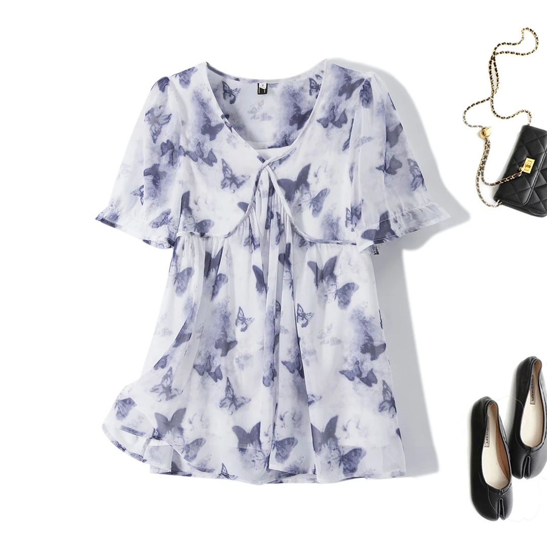 胖妹妹遮肚子晕染印花V领娃娃衫上衣法式别致小衫衬衣大码女装夏