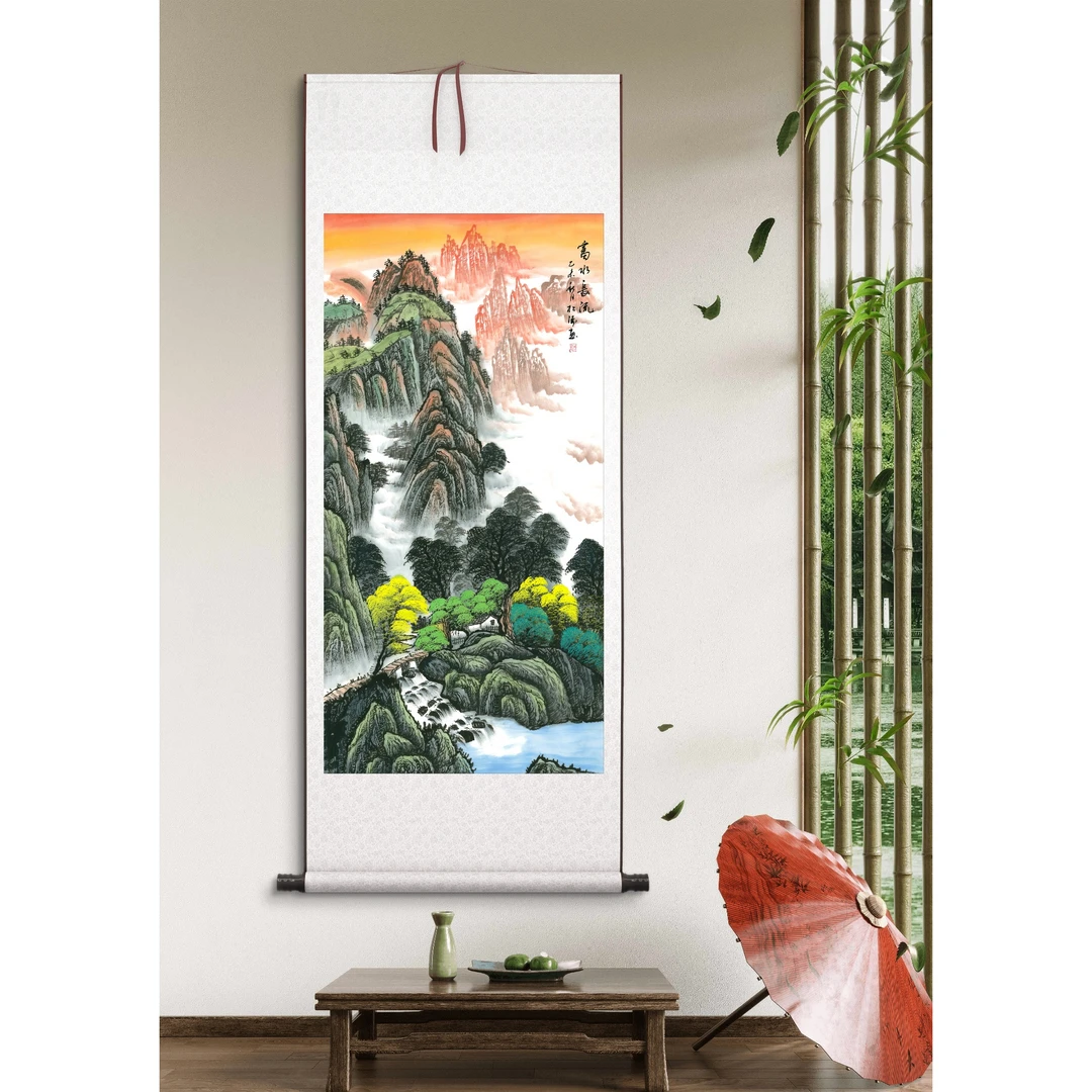 《富水长流》新中式背景墙挂画国风山风景装饰画三尺竖幅60x140A8