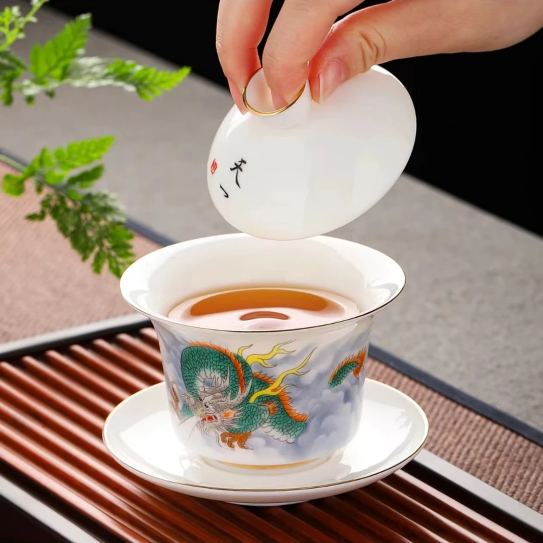 青龙旋转悬停盖碗陶瓷茶盖碗
