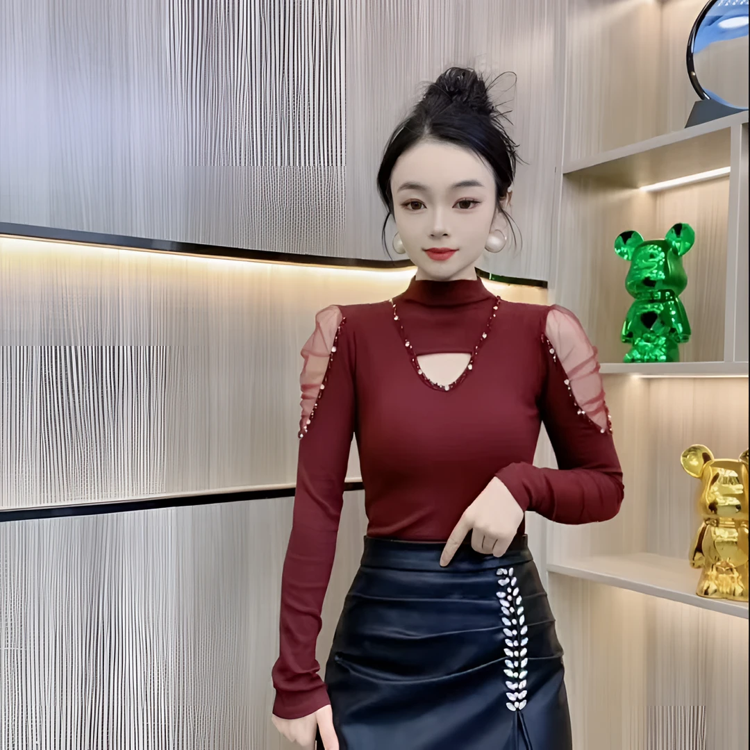 性感镂空钉珠半高领小衫新款百搭港风时尚网纱T恤长袖气质洋气