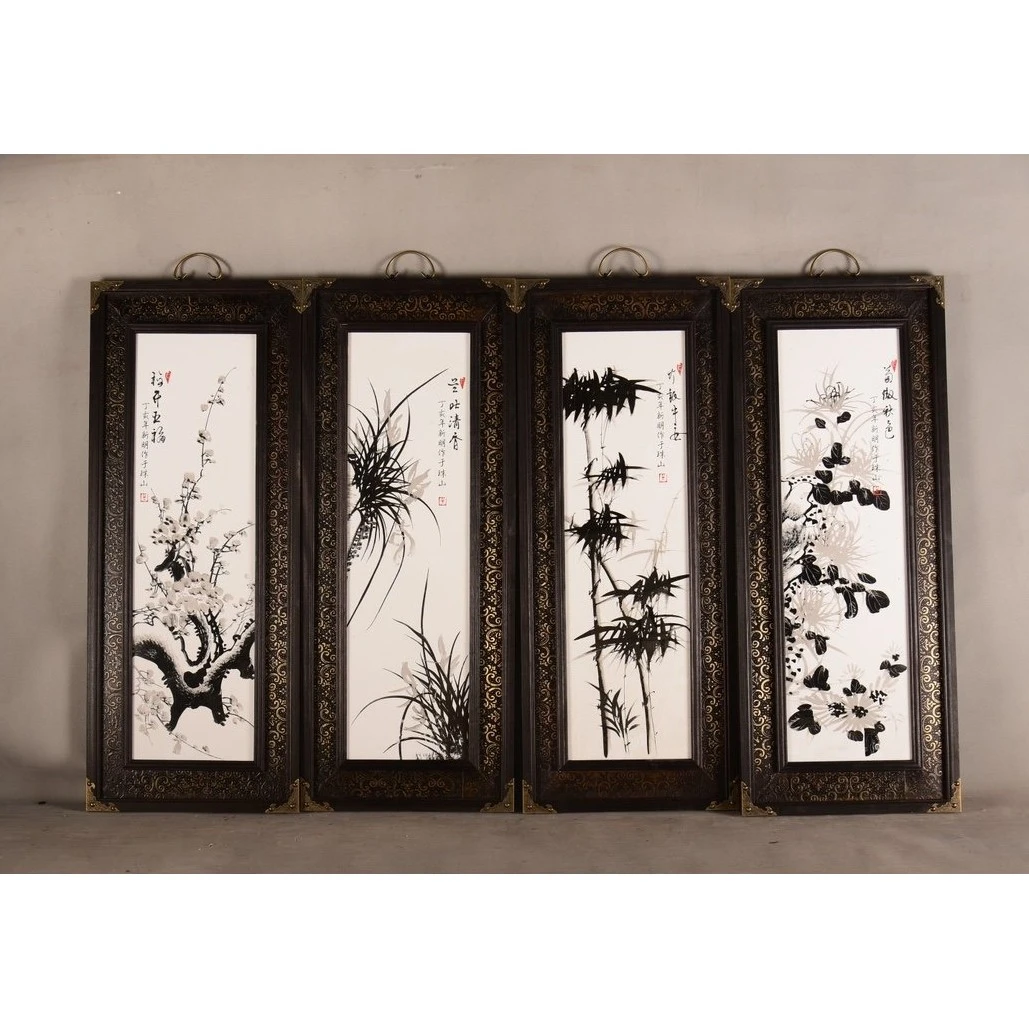 红木包铜皮框镶墨彩瓷板画《梅兰竹菊》挂屏一组景德镇陶瓷精美挂画