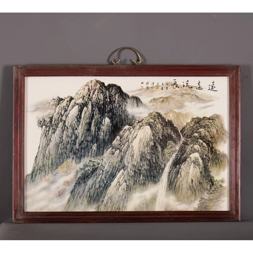 红木镶粉彩山水瓷板画《源远流长》挂屏景德镇陶瓷复古时尚精美挂画