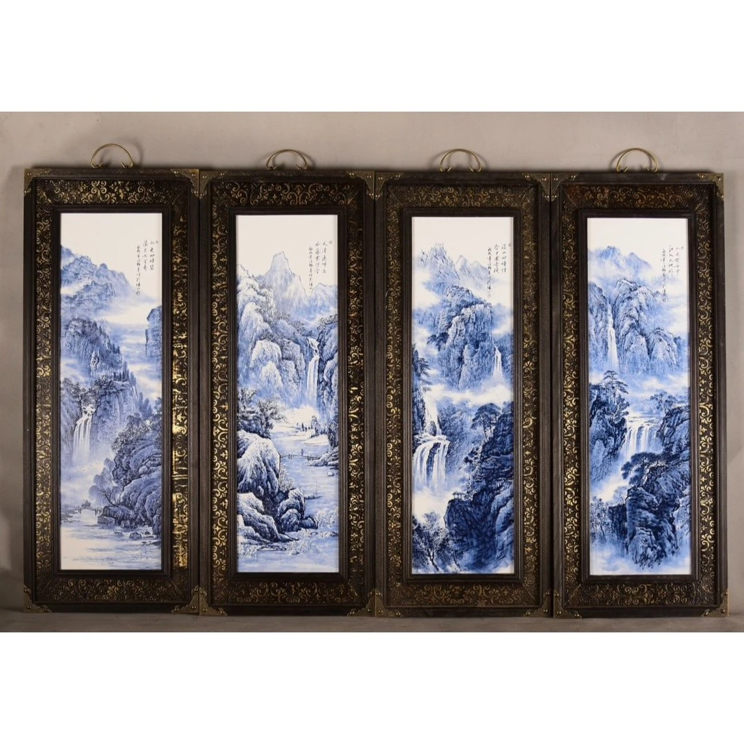 红木包铜皮框镶青花山水瓷板画《溪山烟雨》挂屏一组景德镇陶瓷挂画