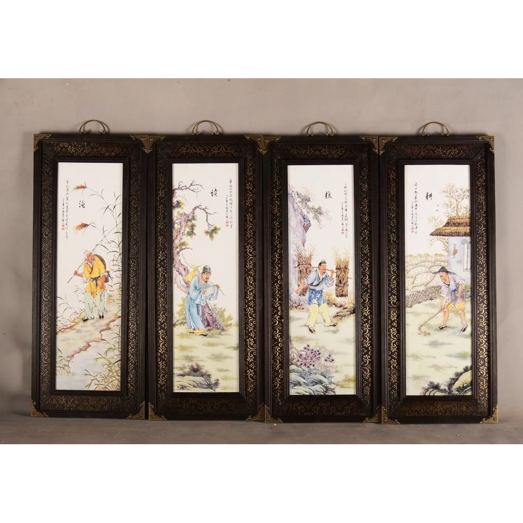 红木包铜皮框镶粉彩人物瓷板画《渔樵耕读》挂屏一组高档礼物送亲友