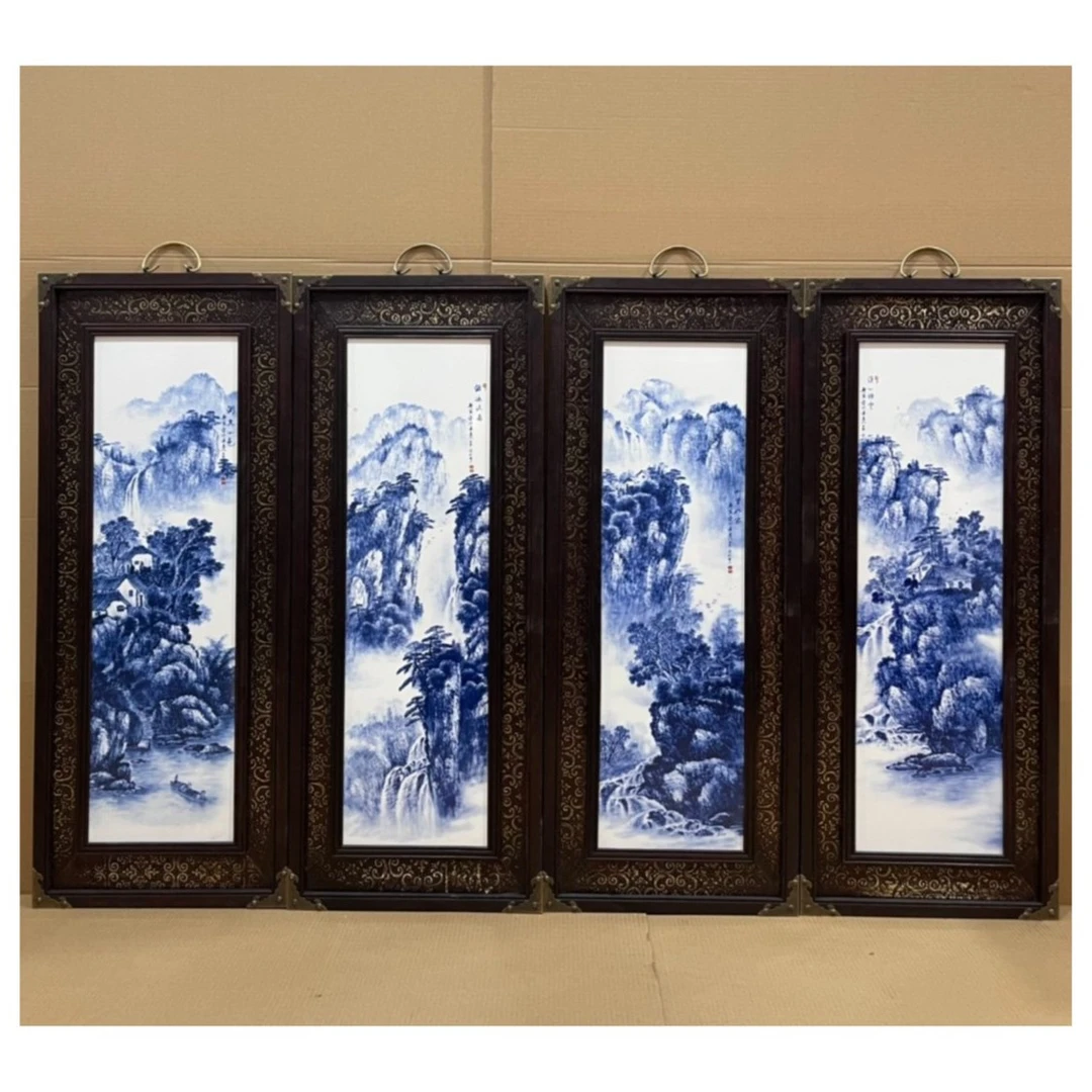 红木包铜皮框镶青花山水瓷板画《源远流长》挂屏一组景德镇陶瓷挂画