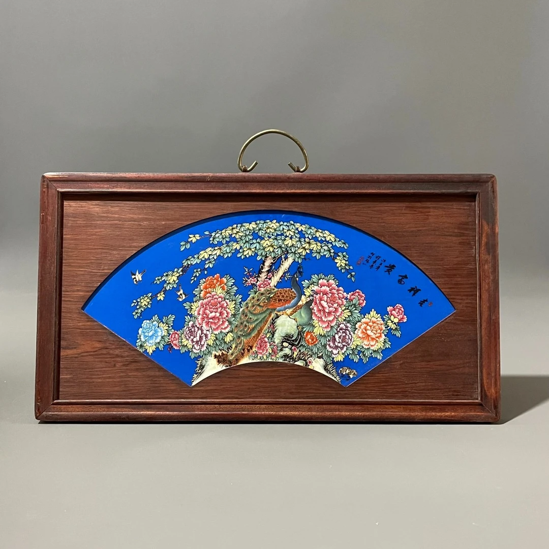 红木镶蓝底粉彩扇形瓷板画《吉祥富贵》复古时尚挂屏景德镇陶瓷挂画