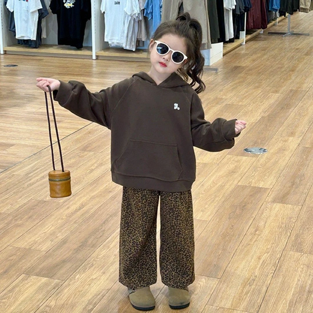 女童秋装连帽卫衣套装2024新款洋气两件套百搭上衣豹纹裤子时尚