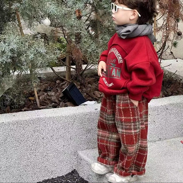 儿童冬季加绒卫衣女童加厚喜庆拜年服礼服复古格子裤洋气潮新年装