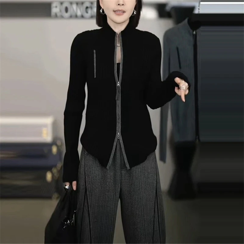 时尚双拉链开衫长袖针织衫女简约百搭气质毛衣修身显瘦上衣冬新款