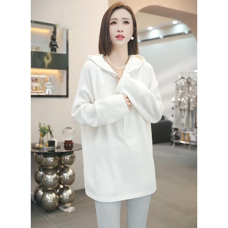 白色中长款半拉链套头连帽卫衣女秋冬2025新款慵懒针织衫毛衣上衣