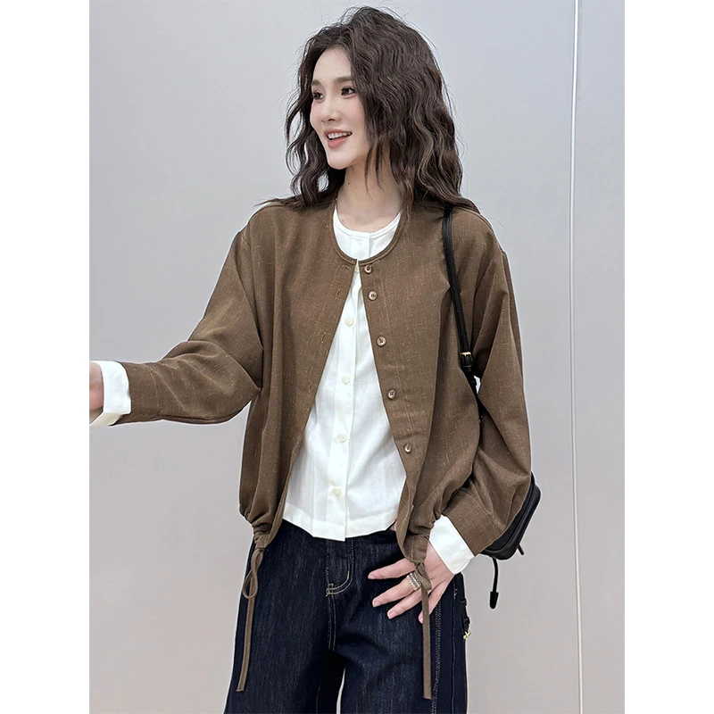 设计感假两件长袖衬衫女2025新款秋季宽松下摆抽绳系带开衫上衣女