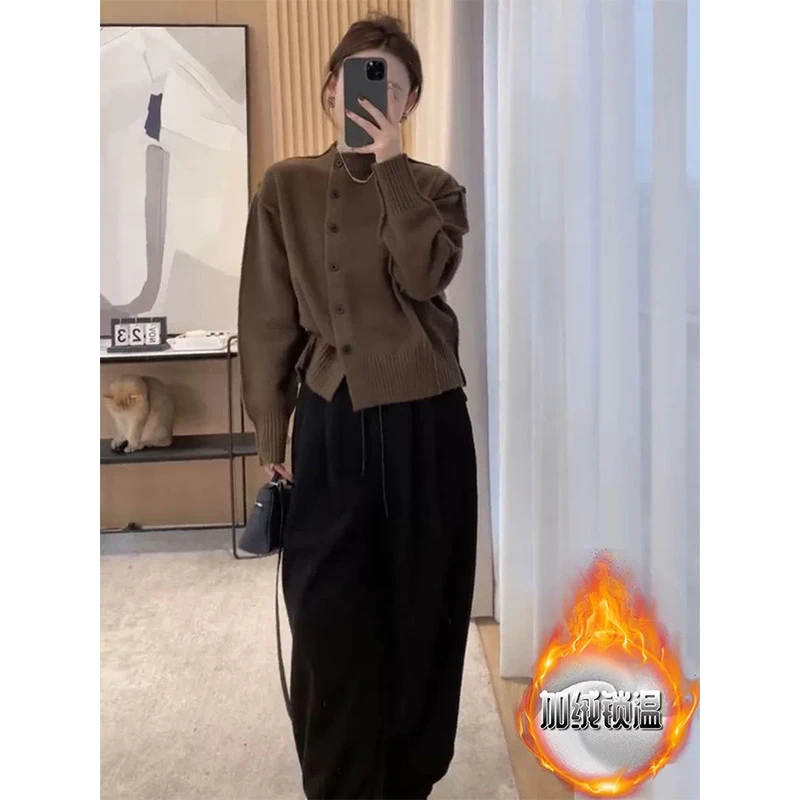 韩版半高领针织衫女深冬装搭配一整套加绒加厚休闲阔腿卫裤两件套