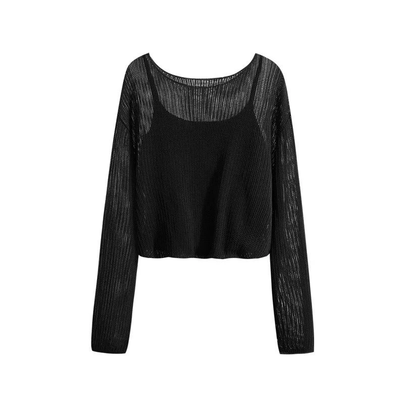 上衣套装纯色吊带背心镂空设计感长袖圆领宽松显瘦针织衫两件套