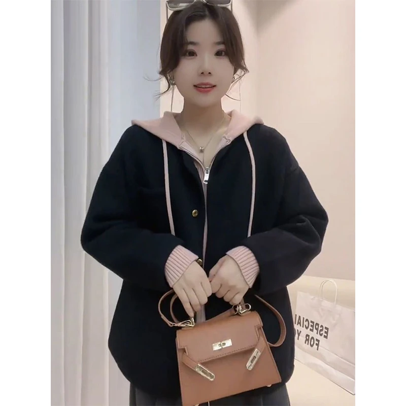 小香风套装2026新款爆款秋季加厚开衫外套宽松连帽针织衫两件套女