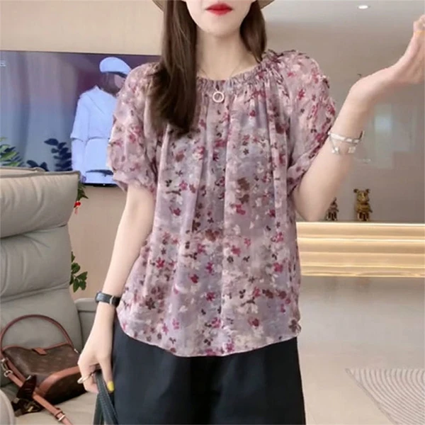 甜美洋气紫色碎花时尚女2025年夏季新款圆领显瘦百搭薄款短袖衬衫