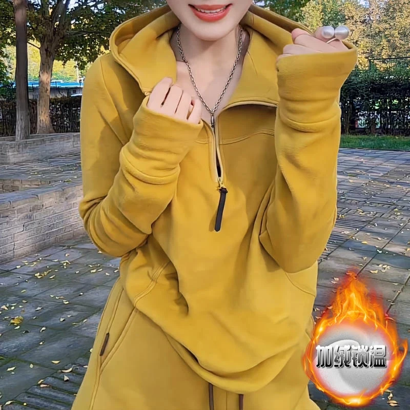 秋冬新款时尚女装洋气休闲高级感半拉链长袖卫衣韩版显瘦加绒上衣