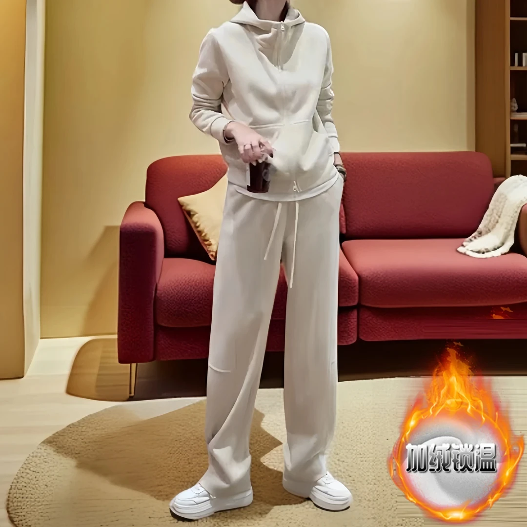 文艺通勤纯色加绒加厚连帽卫衣休闲裤套装女2026冬季新款两件套潮